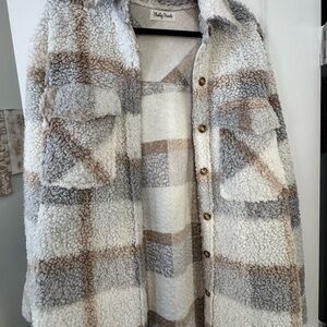 Women's Plaid Sherpa Jacket - Gray and Brown